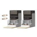 Petlibro automatic pet feeders in gray and white with digital display and two beige pet collars included