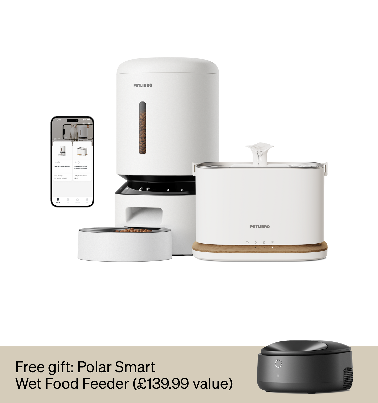 Petlibro PETLIBRO cat pet fountain and automatic feeder set with app view; white units, plus litter box shown below