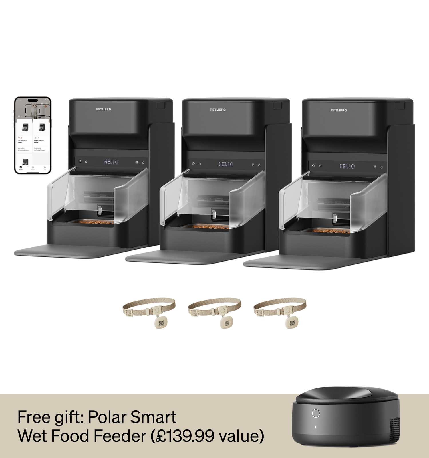 Petlibro PETLIBRO cat pet automatic feeder set with app view; includes fountain and litter box, black units with clear trays