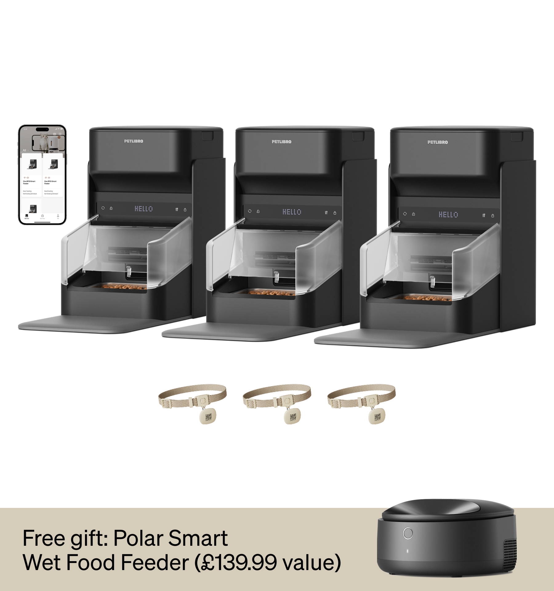 Petlibro PETLIBRO cat pet automatic feeder set with app view; includes fountain and litter box, black units with clear trays