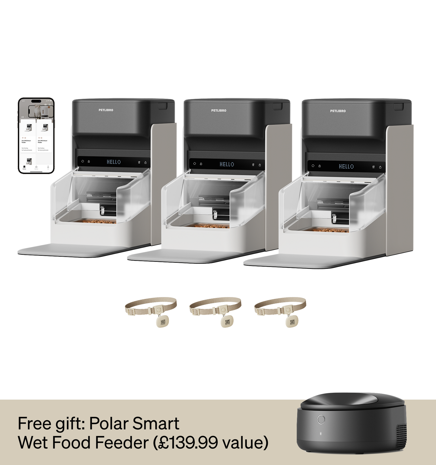 Petlibro PETLIBRO cat pet automatic feeder set with app, plus fountain and litter box; black-gray units with clear food bins
