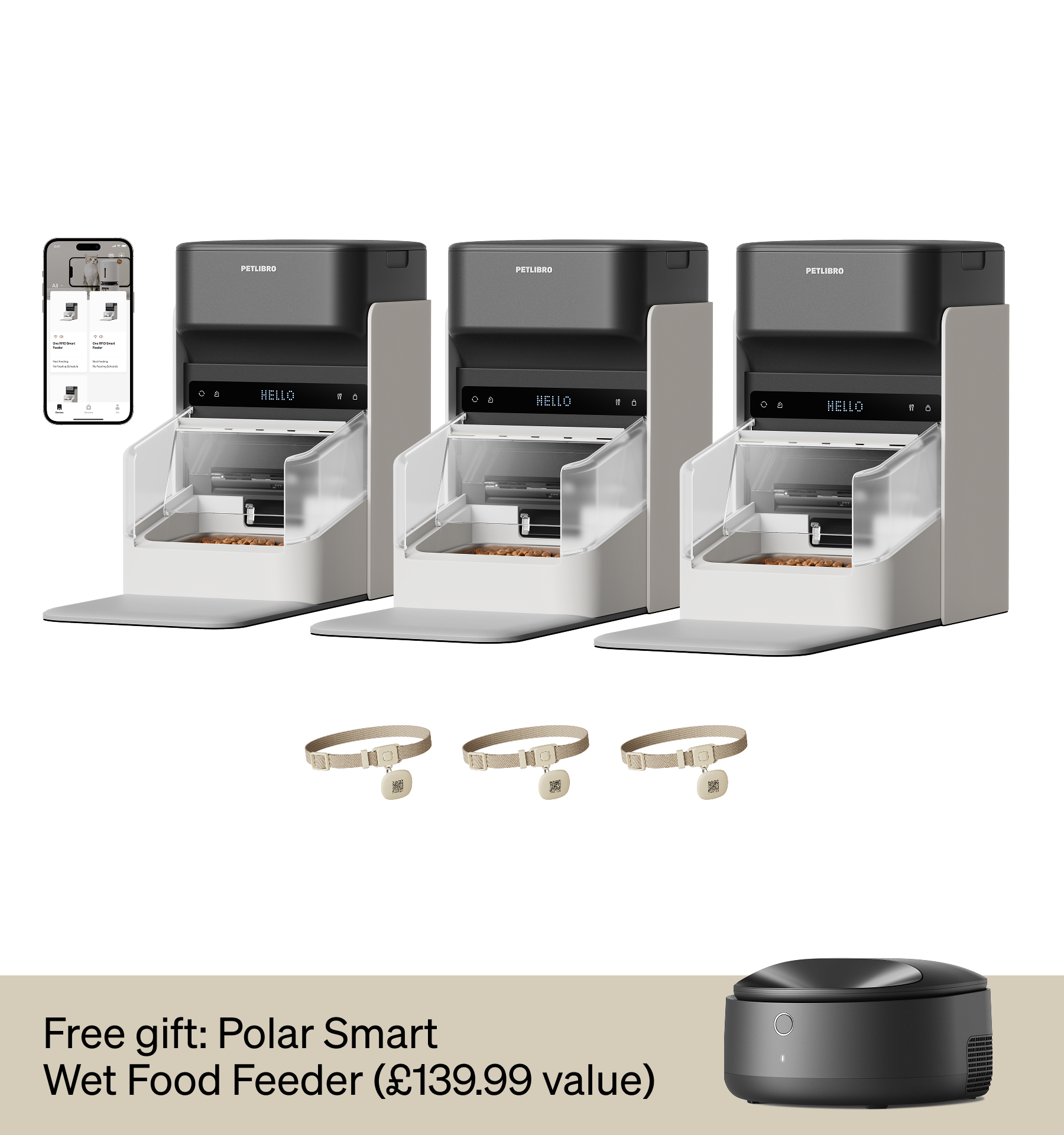 Petlibro PETLIBRO cat pet automatic feeder set with app, plus fountain and litter box; black-gray units with clear food bins