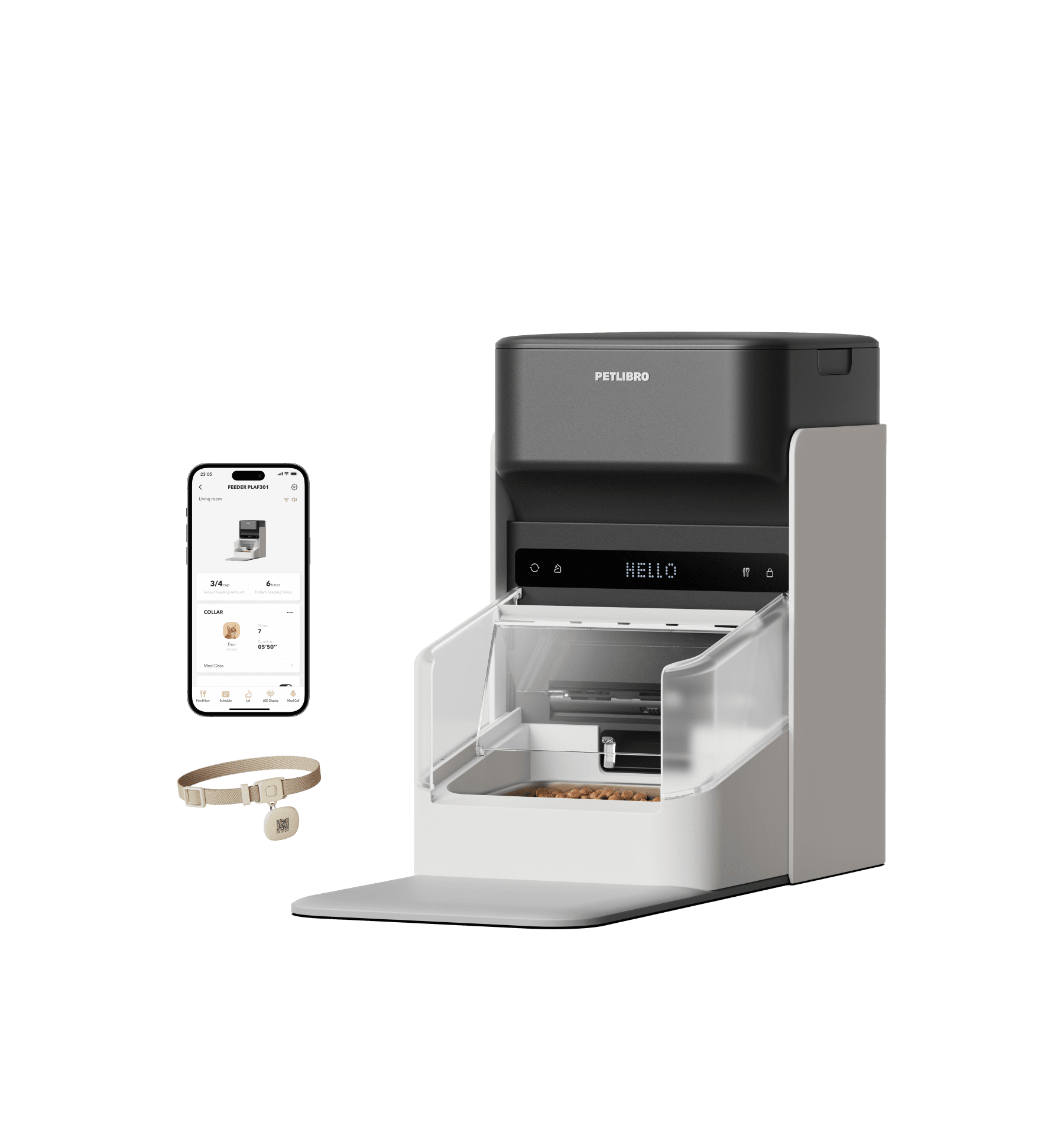 Petlibro smart automatic pet feeder in gray and white with transparent food compartment, mobile app, and beige pet collar accessory