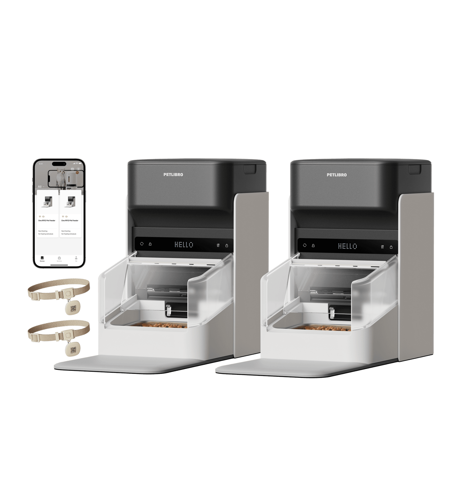 Petlibro smart automatic pet feeders in gray and white with clear food compartments, RFID collars, and mobile app control displayed