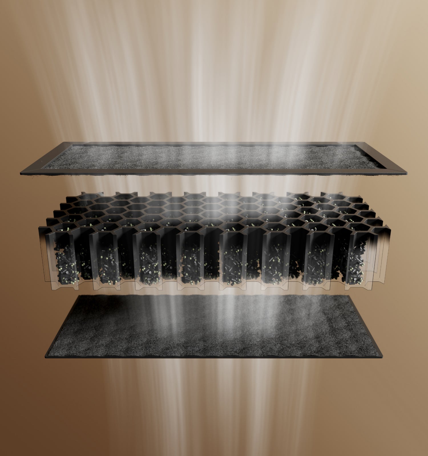 Petlibro PETLIBRO cat pet litter box filter layers, black honeycomb grid between mats; mentions fountain and automatic feeder