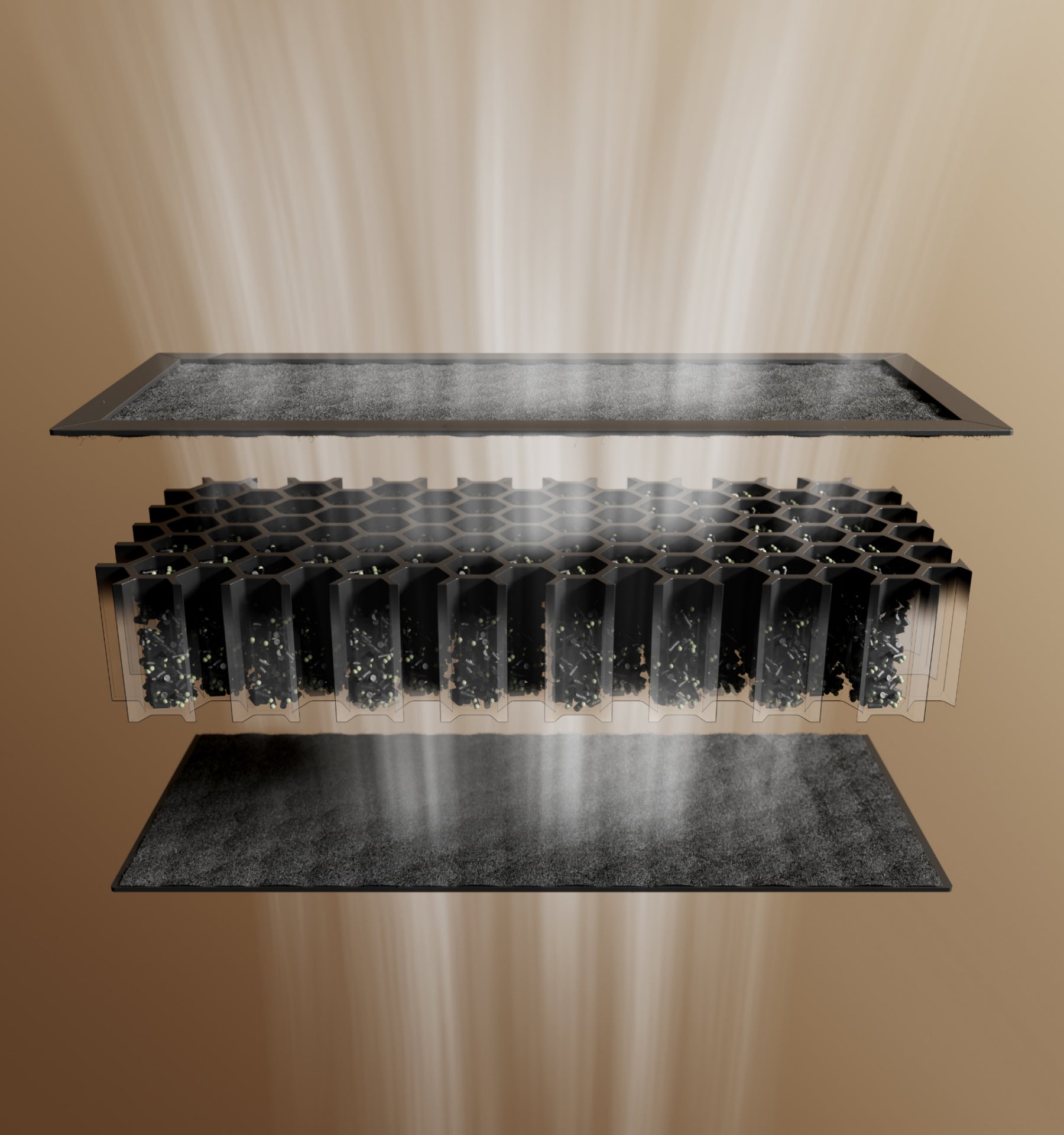 Petlibro PETLIBRO cat pet litter box filter layers, black honeycomb grid between mats; mentions fountain and automatic feeder