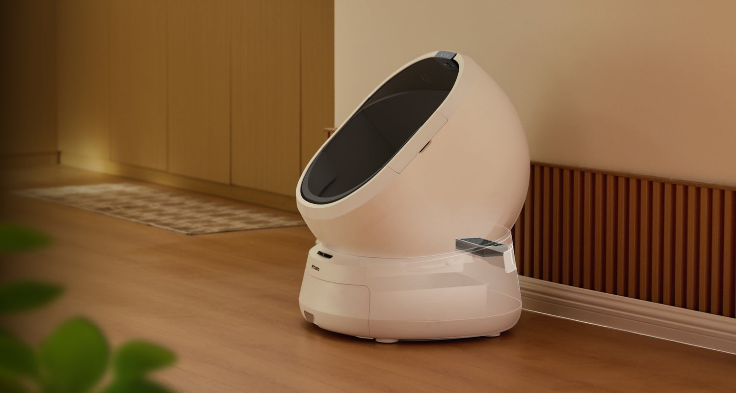 Petlibro PETLIBRO white cat pet litter box beside wall; mentions fountain and automatic feeder for smart home care