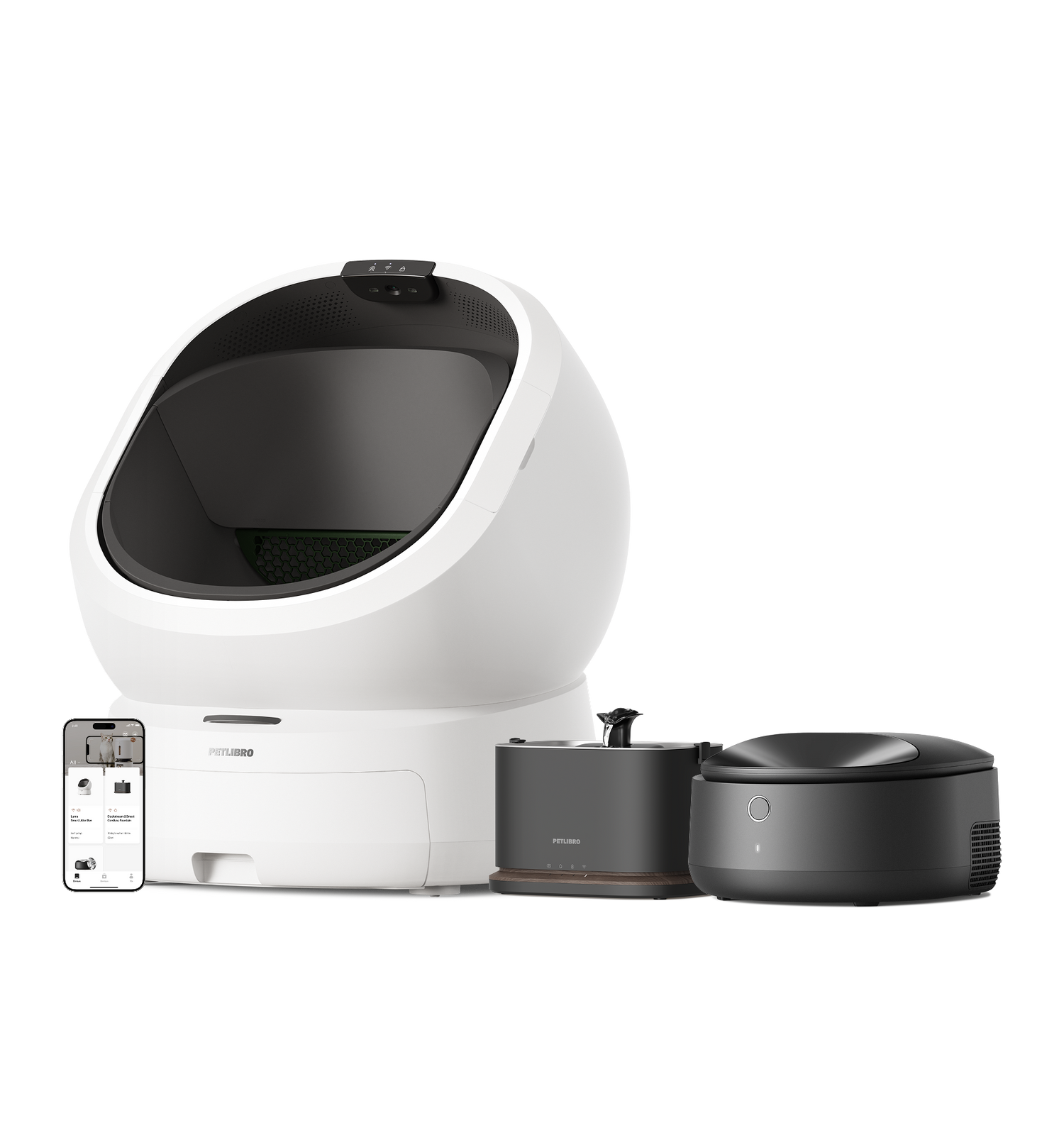Petlibro PETLIBRO cat pet fountain, litter box, and automatic feeder set with app control, white and black devices on display
