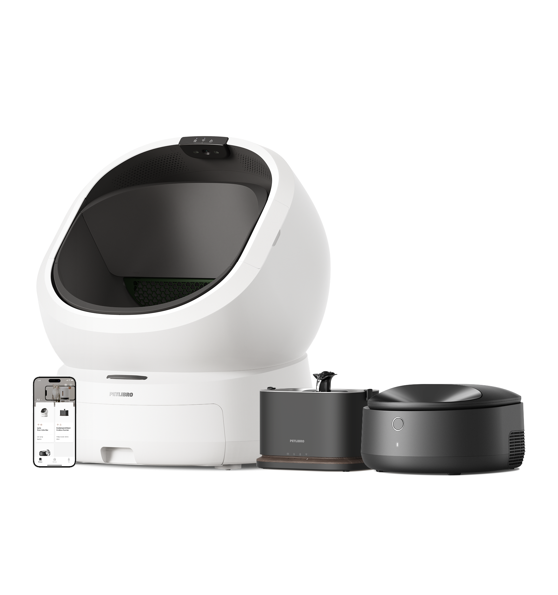 Petlibro PETLIBRO cat pet fountain, litter box, and automatic feeder set with app control, white and black devices on display
