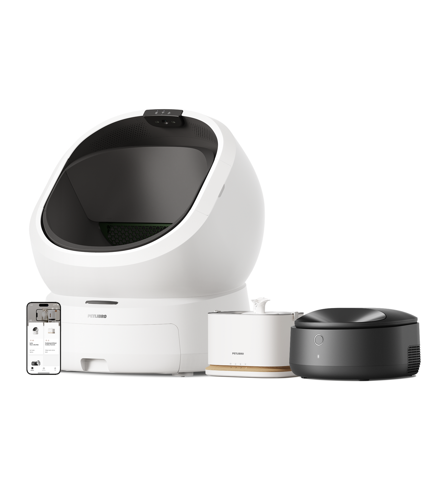 Petlibro PETLIBRO cat pet set: white litter box, water fountain, and black automatic feeder with app control on phone screen