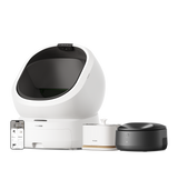Petlibro PETLIBRO cat pet set: white litter box, water fountain, and black automatic feeder with app control on phone screen