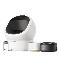Petlibro PETLIBRO cat pet set: white litter box, water fountain, and black automatic feeder with app control on phone screen