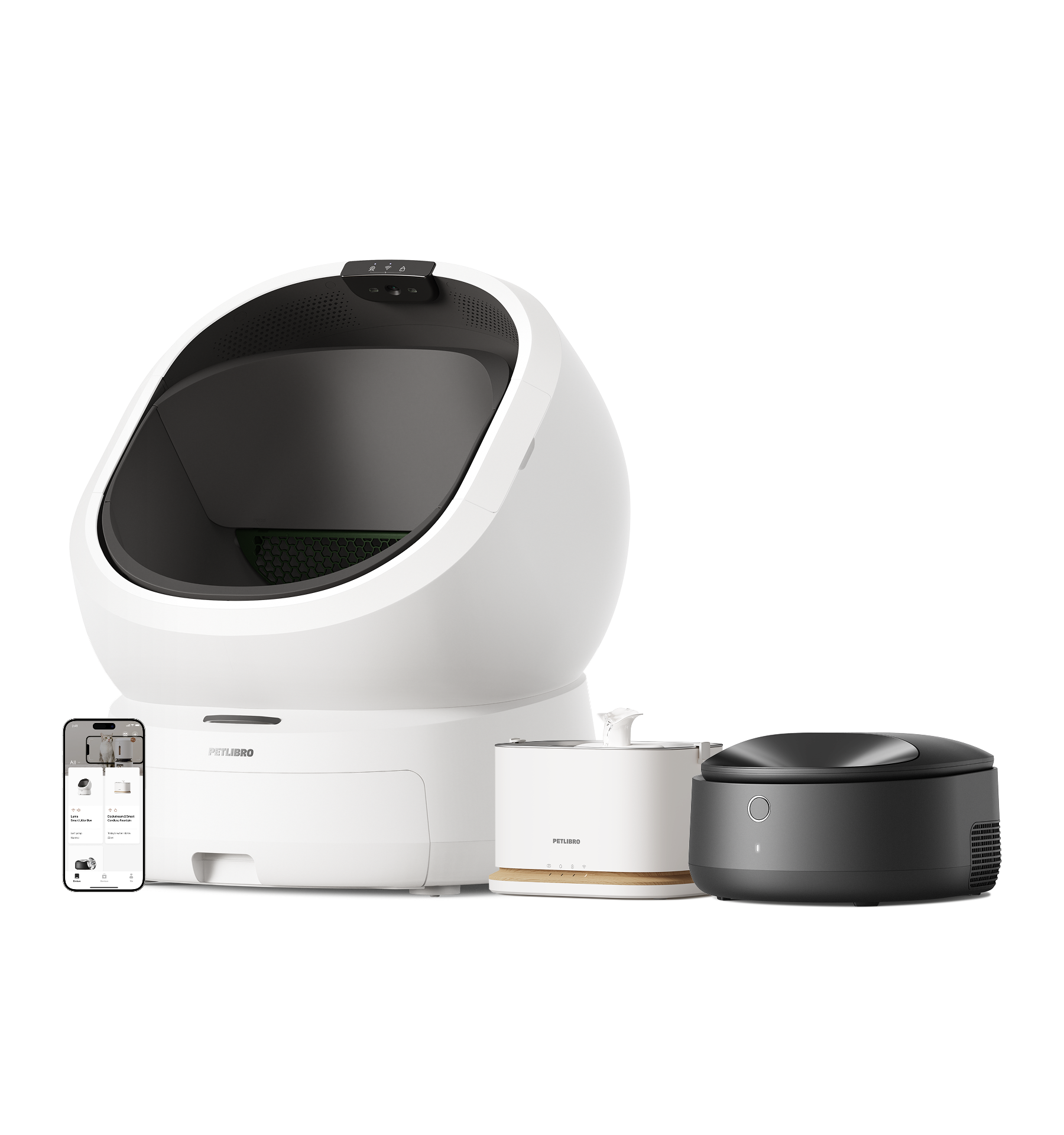 Petlibro PETLIBRO cat pet set: white litter box, water fountain, and black automatic feeder with app control on phone screen