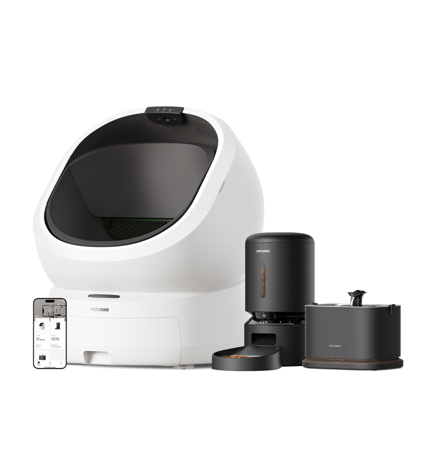 Petlibro PETLIBRO cat pet set: white litter box, black automatic feeder and fountain, plus app control phone display