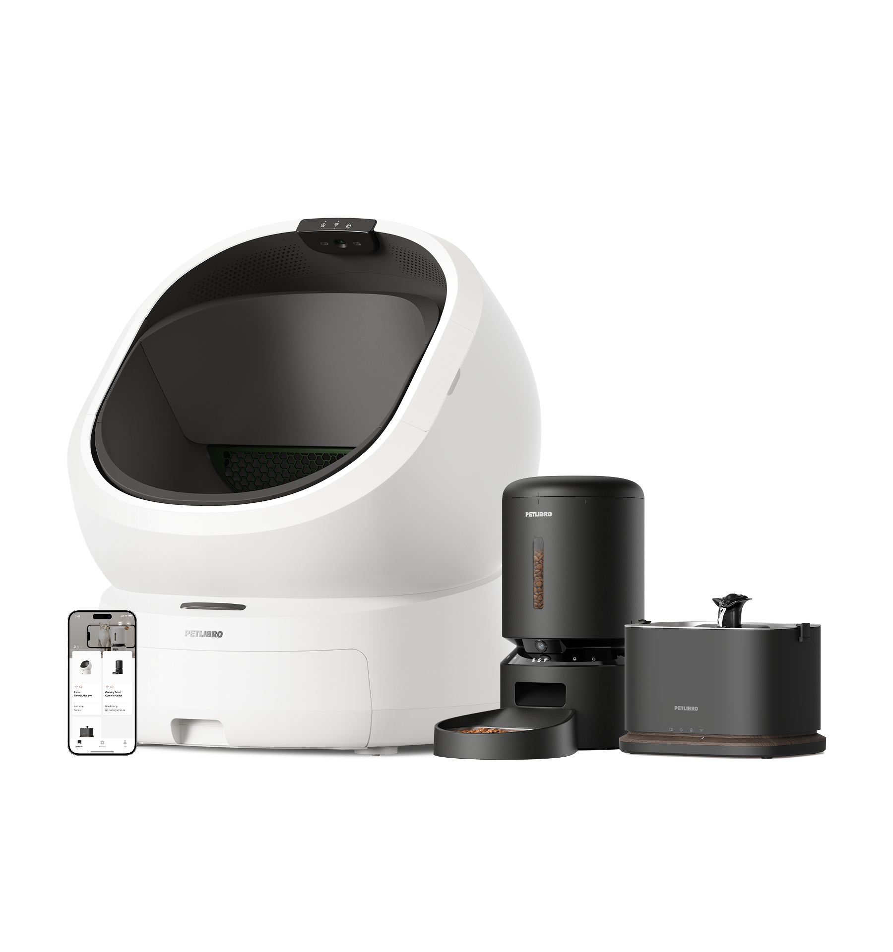 Petlibro PETLIBRO cat pet set: white litter box, black automatic feeder and fountain, plus app control phone display