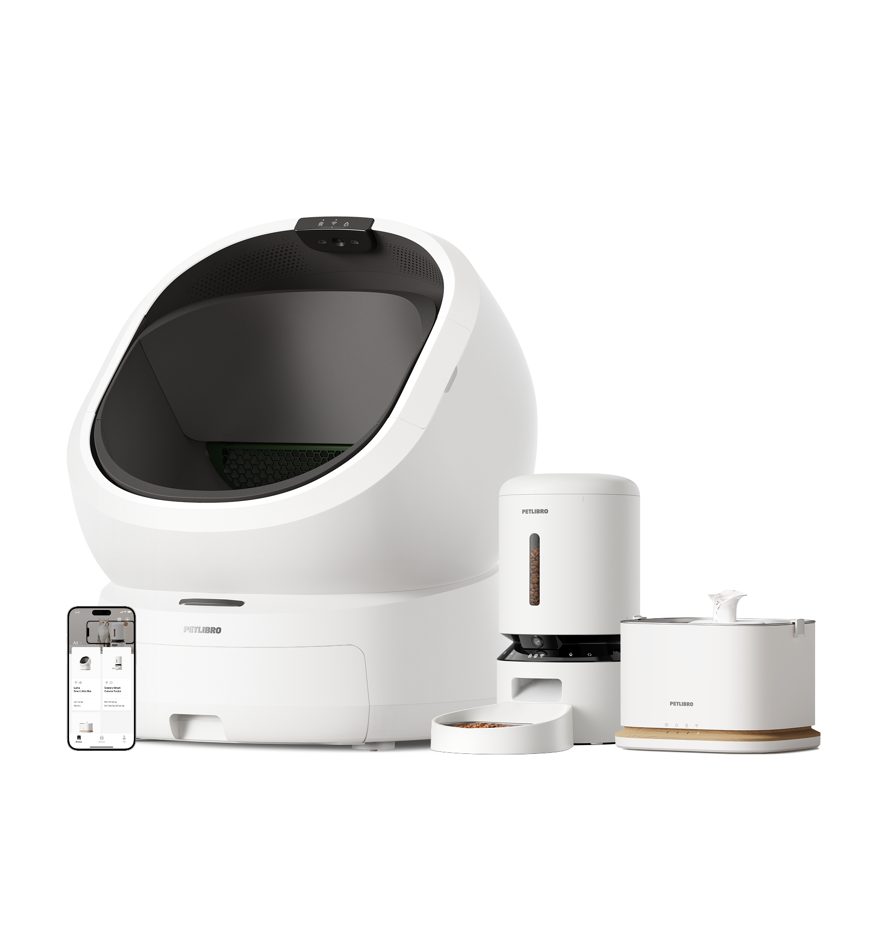 Petlibro PETLIBRO white cat pet litter box with automatic feeder and fountain, plus app phone screen and food bowl set