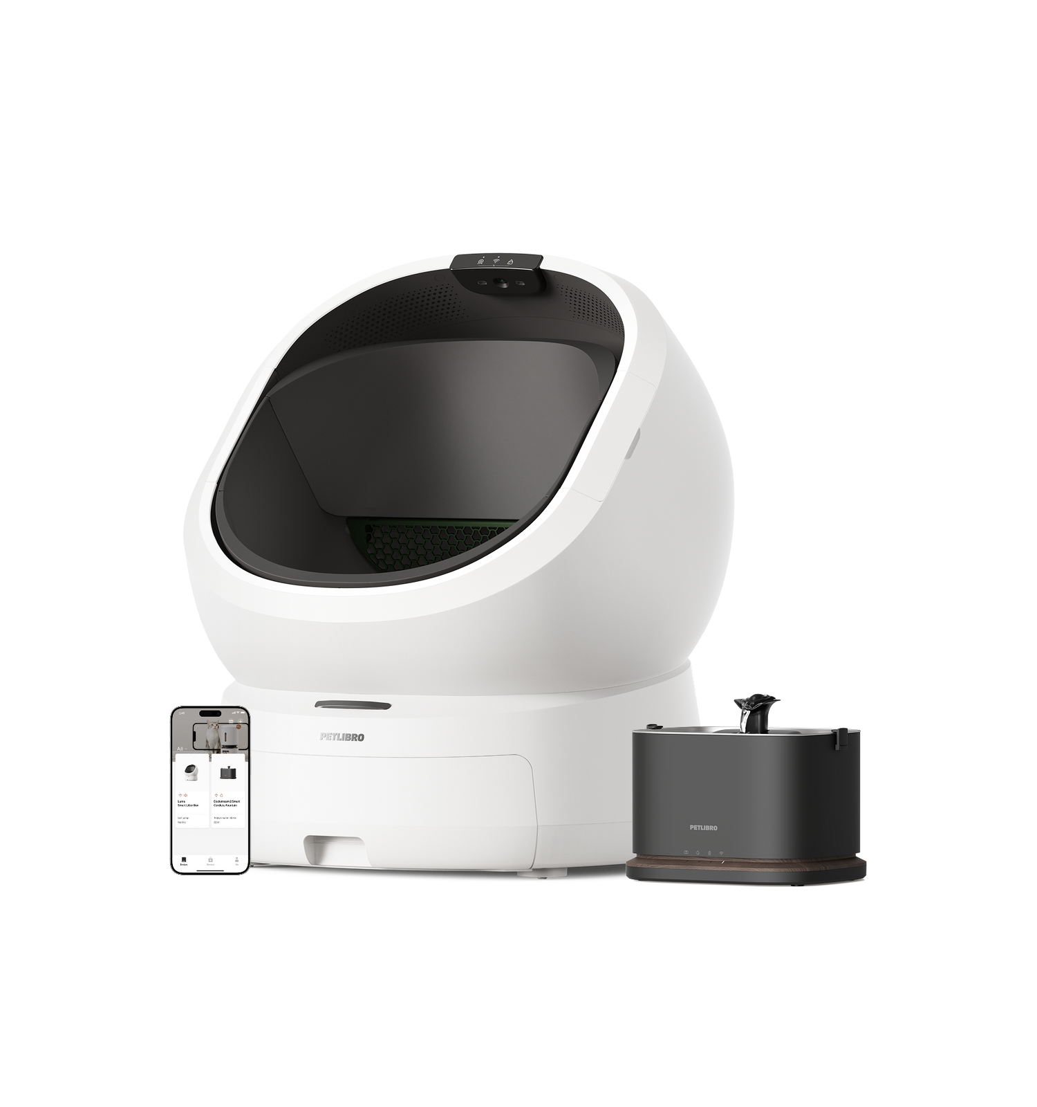 Petlibro PETLIBRO cat pet litter box with fountain and automatic feeder, white dome unit, black water bowl, app screen