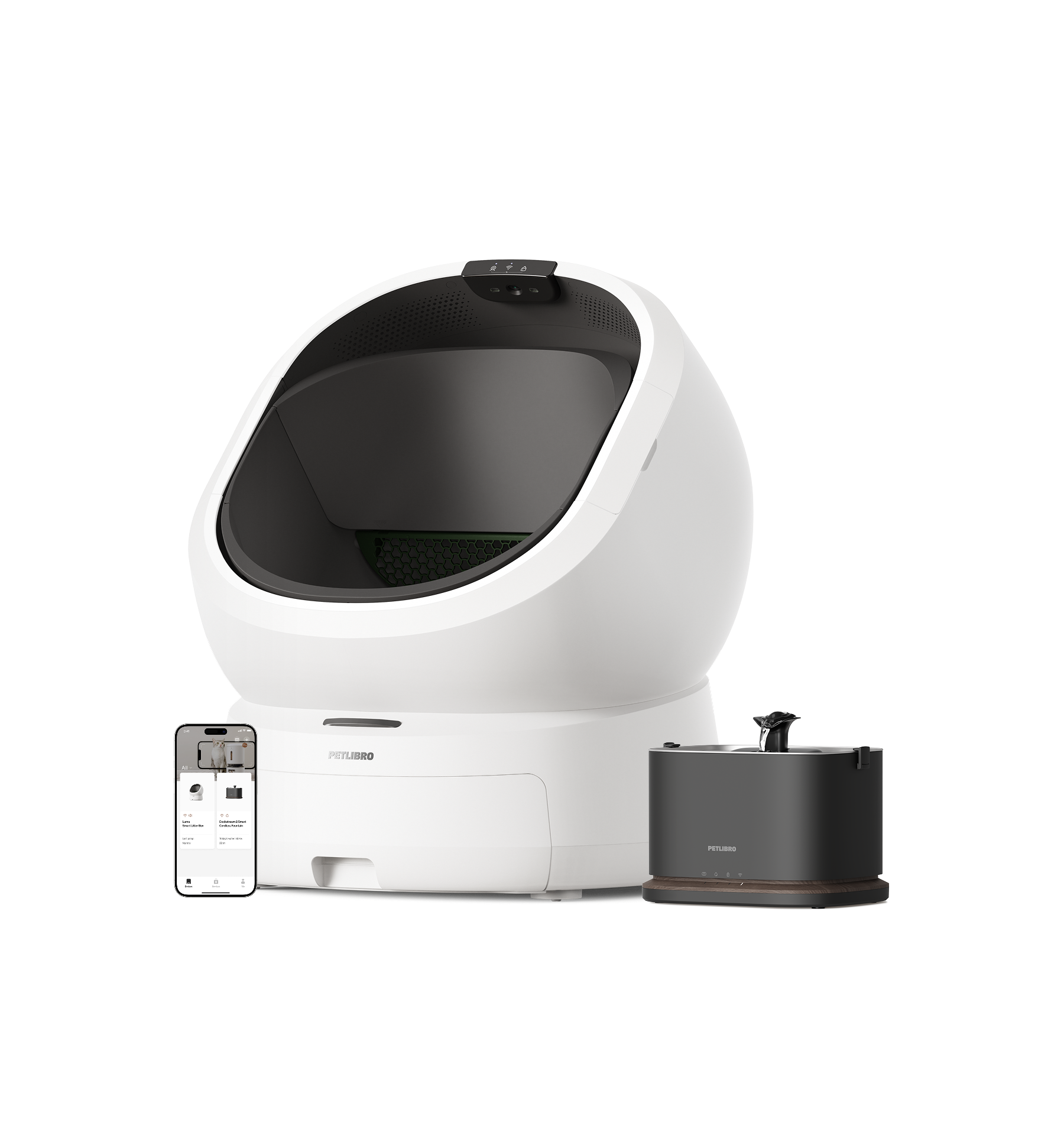 Petlibro PETLIBRO cat pet litter box with fountain and automatic feeder, white dome unit, black water bowl, app screen