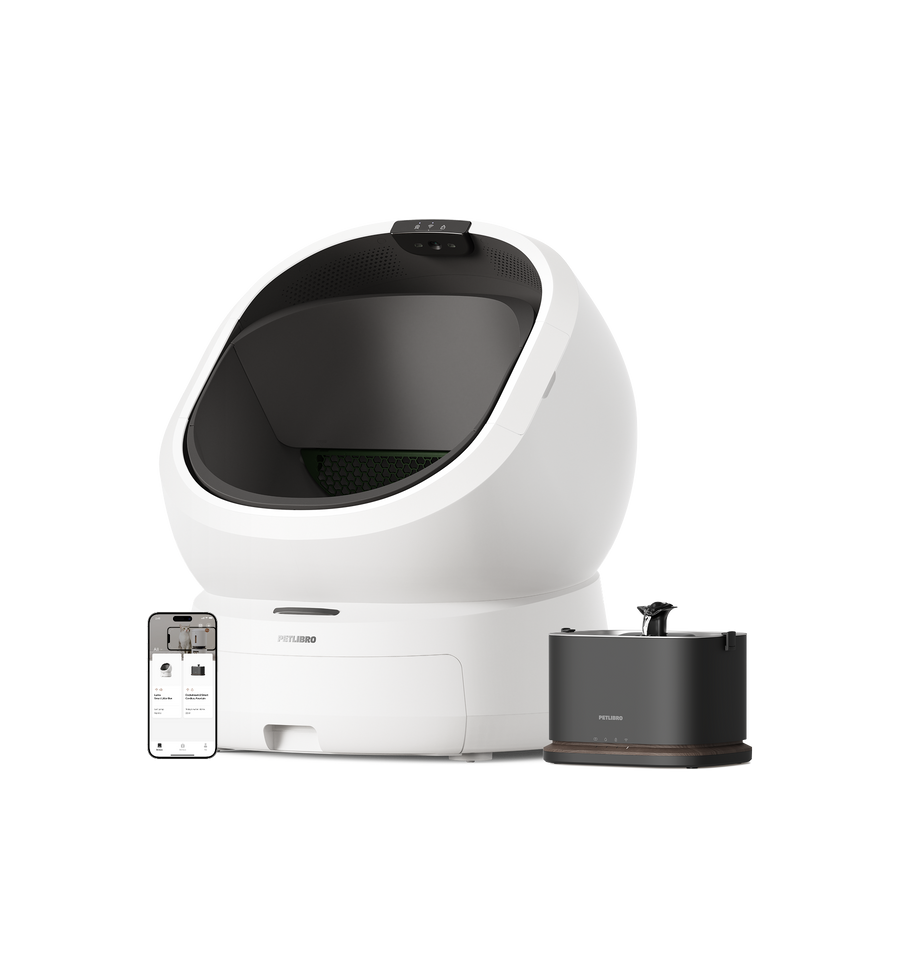 Petlibro PETLIBRO cat pet litter box with fountain and automatic feeder, white dome unit, black water bowl, app screen