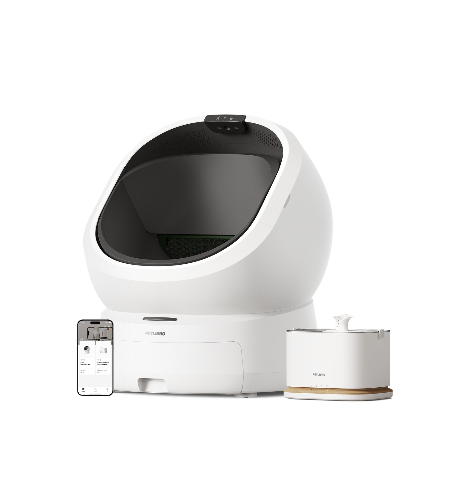 Petlibro PETLIBRO cat pet litter box with fountain and automatic feeder, white smart devices with app screen display