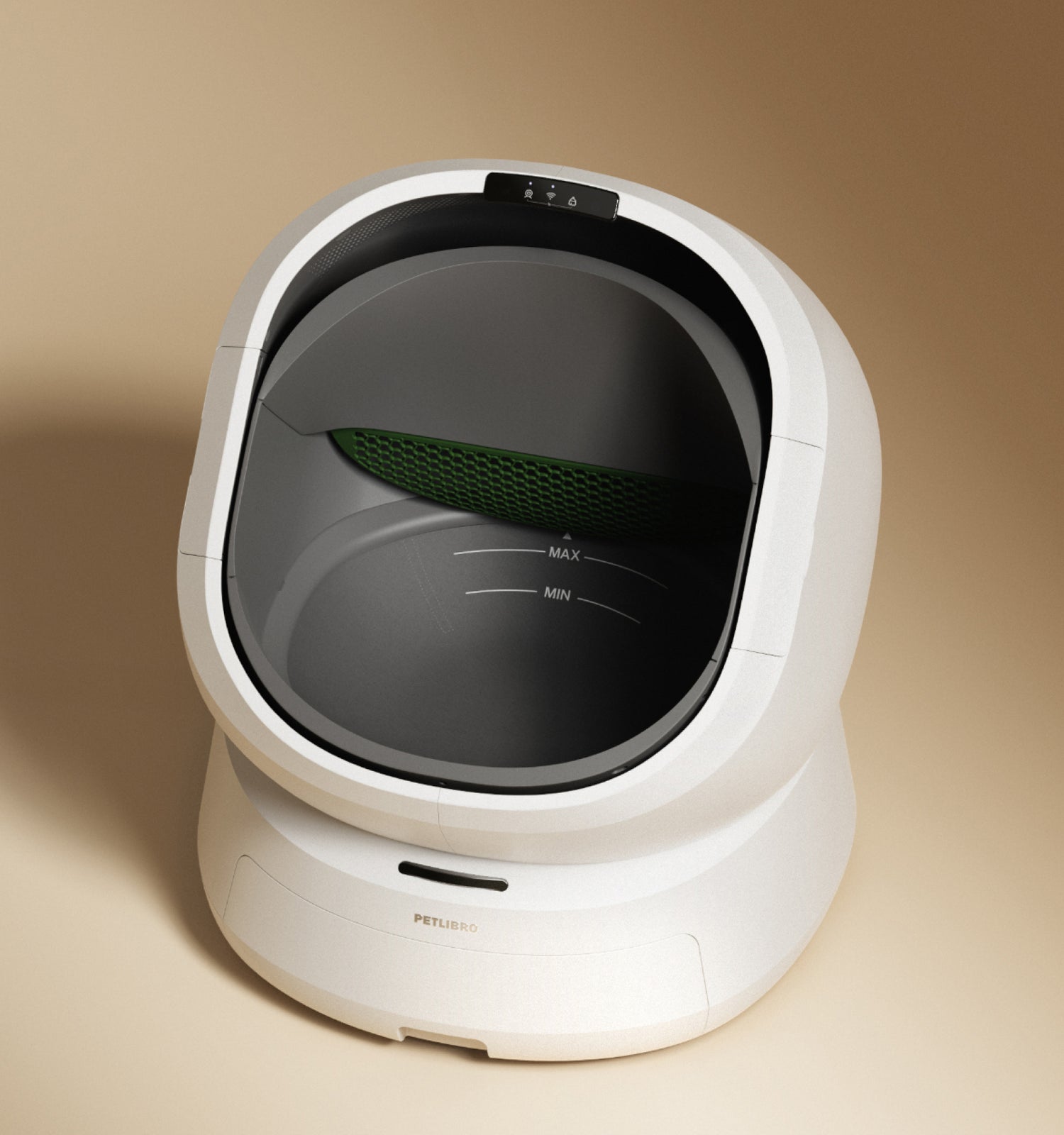 Petlibro PETLIBRO white cat pet litter box with black opening; mentions fountain and automatic feeder for smart care setup