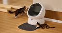 Petlibro PETLIBRO cat pet by white litter box; automatic feeder and fountain keywords, home scene with two cats on mat