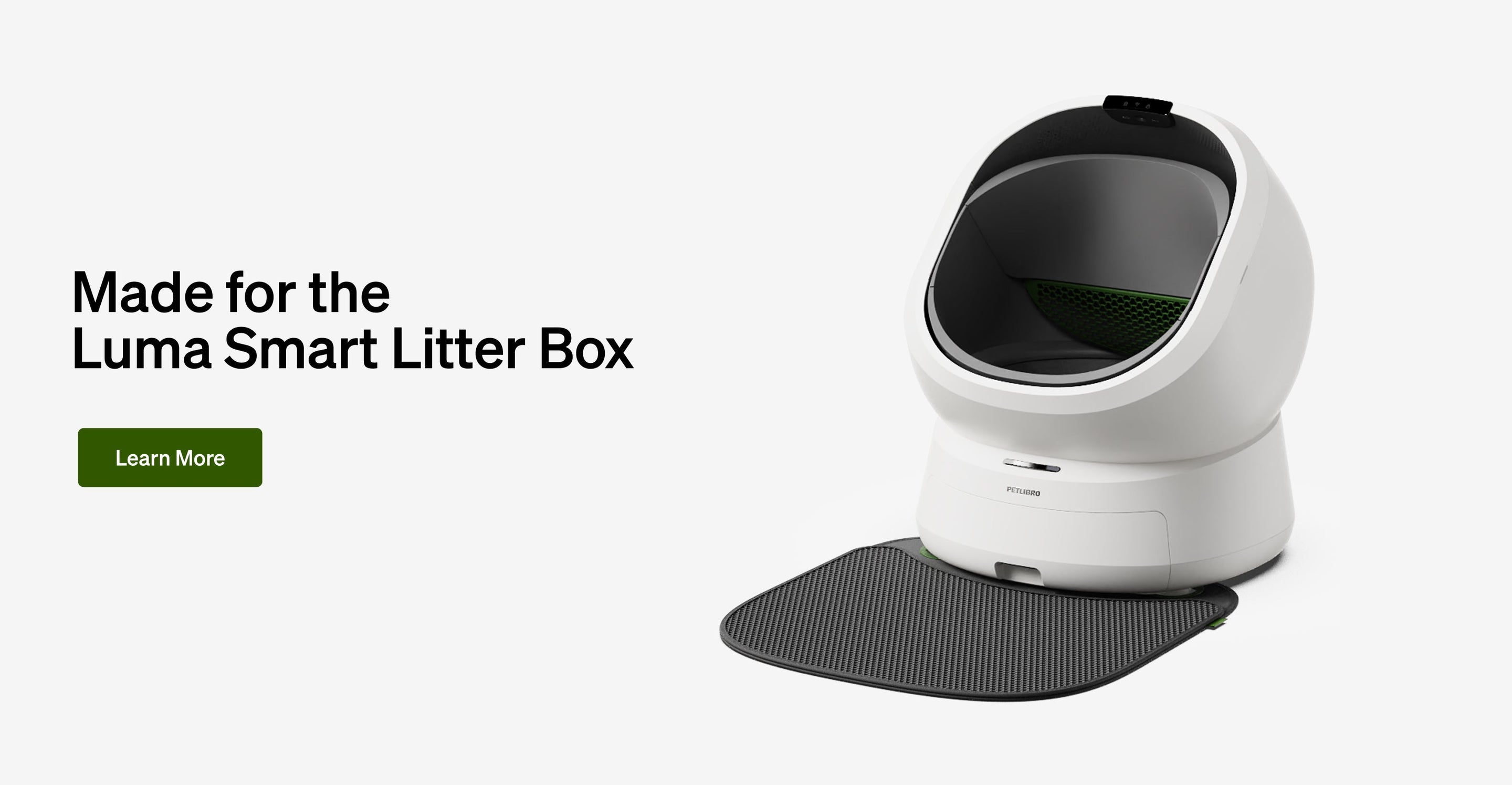 Petlibro PETLIBRO cat pet smart litter box, white automatic unit with black mat; mentions fountain and automatic feeder