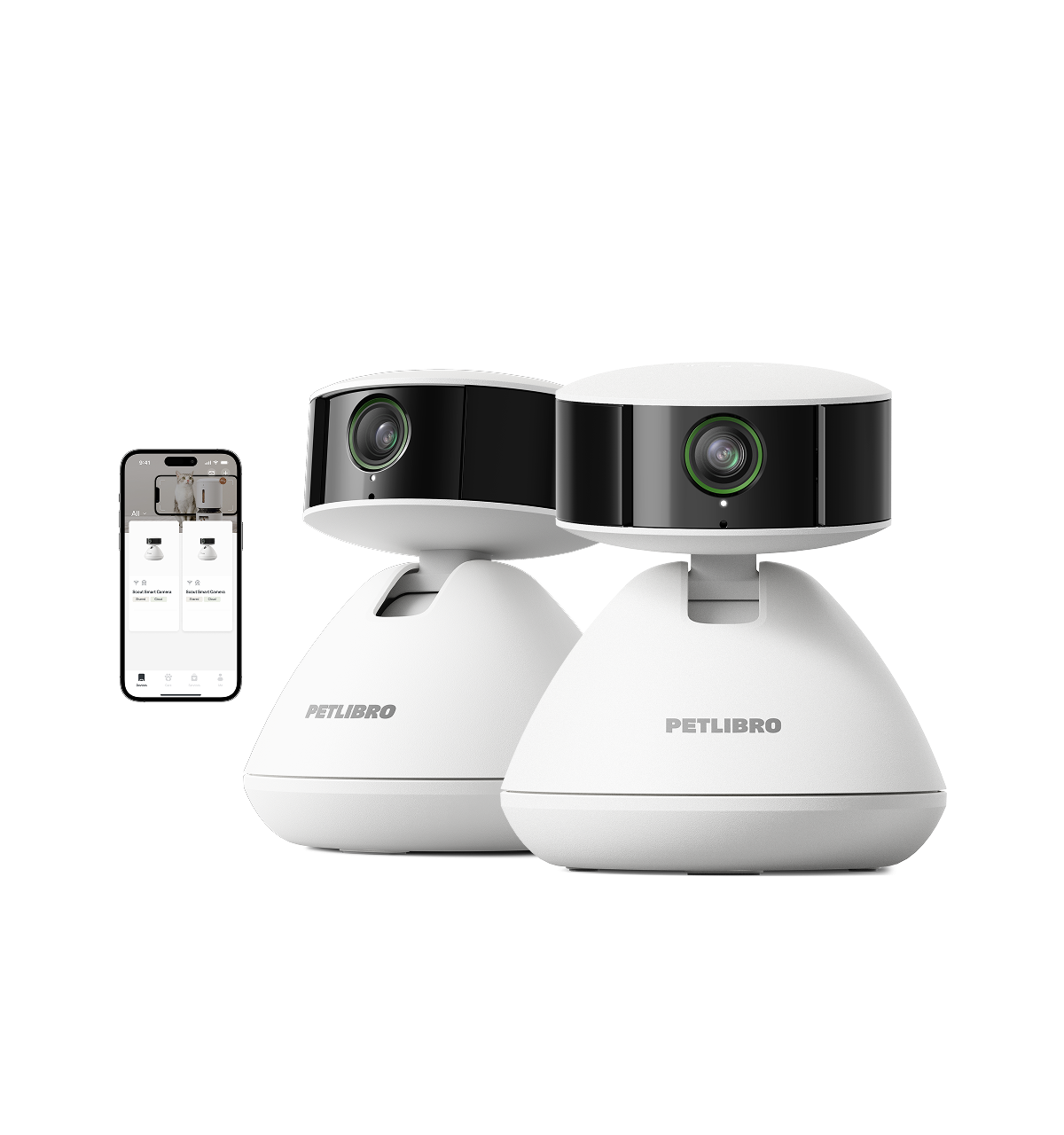 Petlibro PETLIBRO pet camera for cat, shown with app; pairs with fountain, litter box, automatic feeder in smart home setup