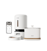 Petlibro PETLIBRO cat pet fountain, litter box and automatic feeder set in white, with app-controlled smart devices shown on phone
