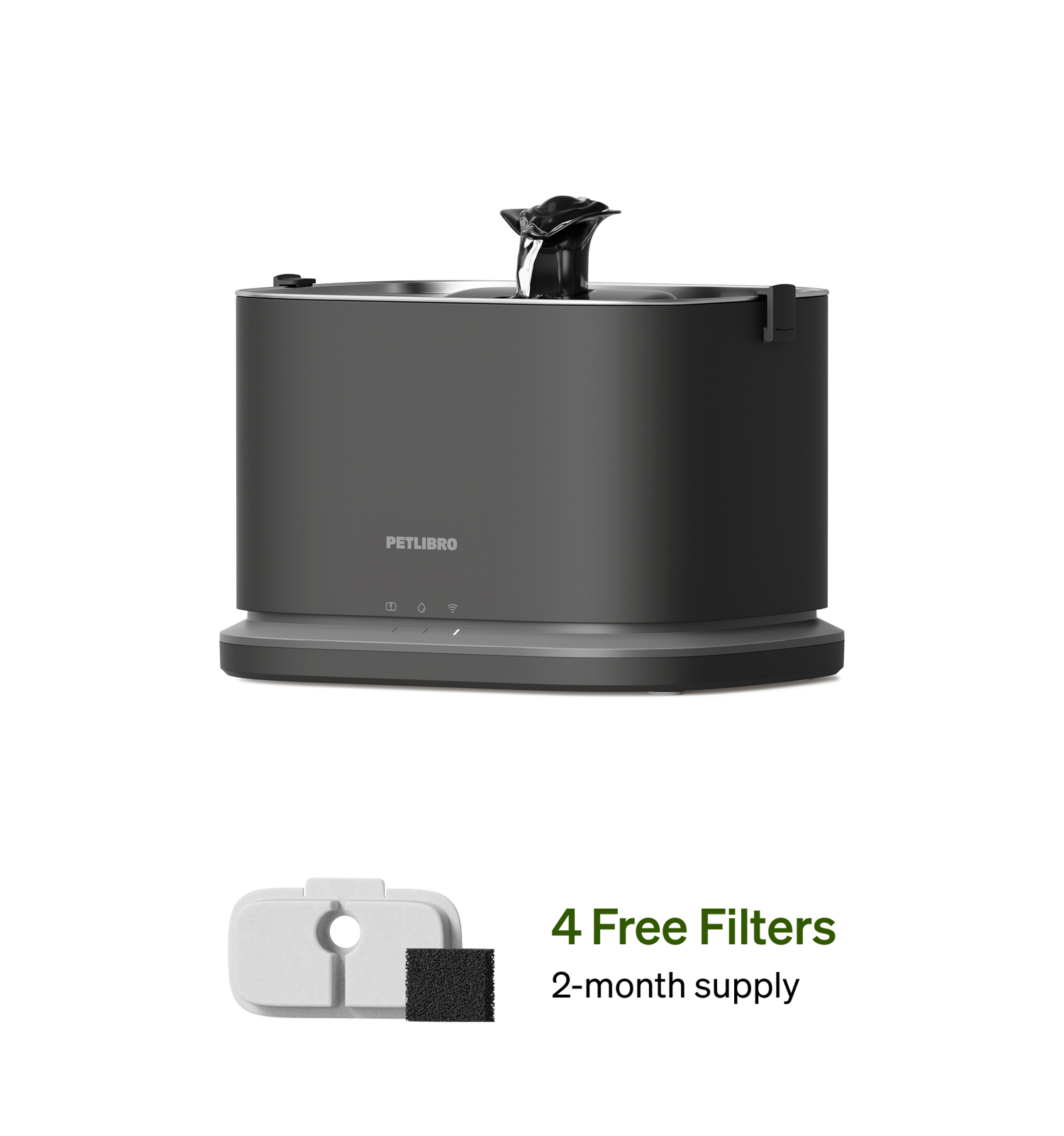 Petlibro PETLIBRO cat pet fountain, dark gray water dispenser with 4 free filters; mentions litter box automatic feeder