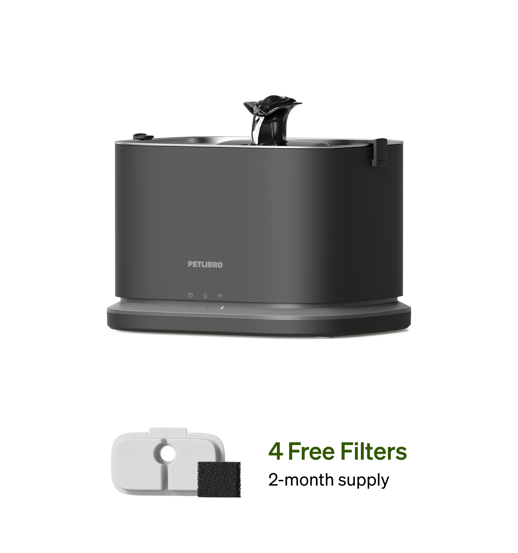 Petlibro PETLIBRO cat pet fountain, dark gray water dispenser with 4 free filters; mentions litter box automatic feeder
