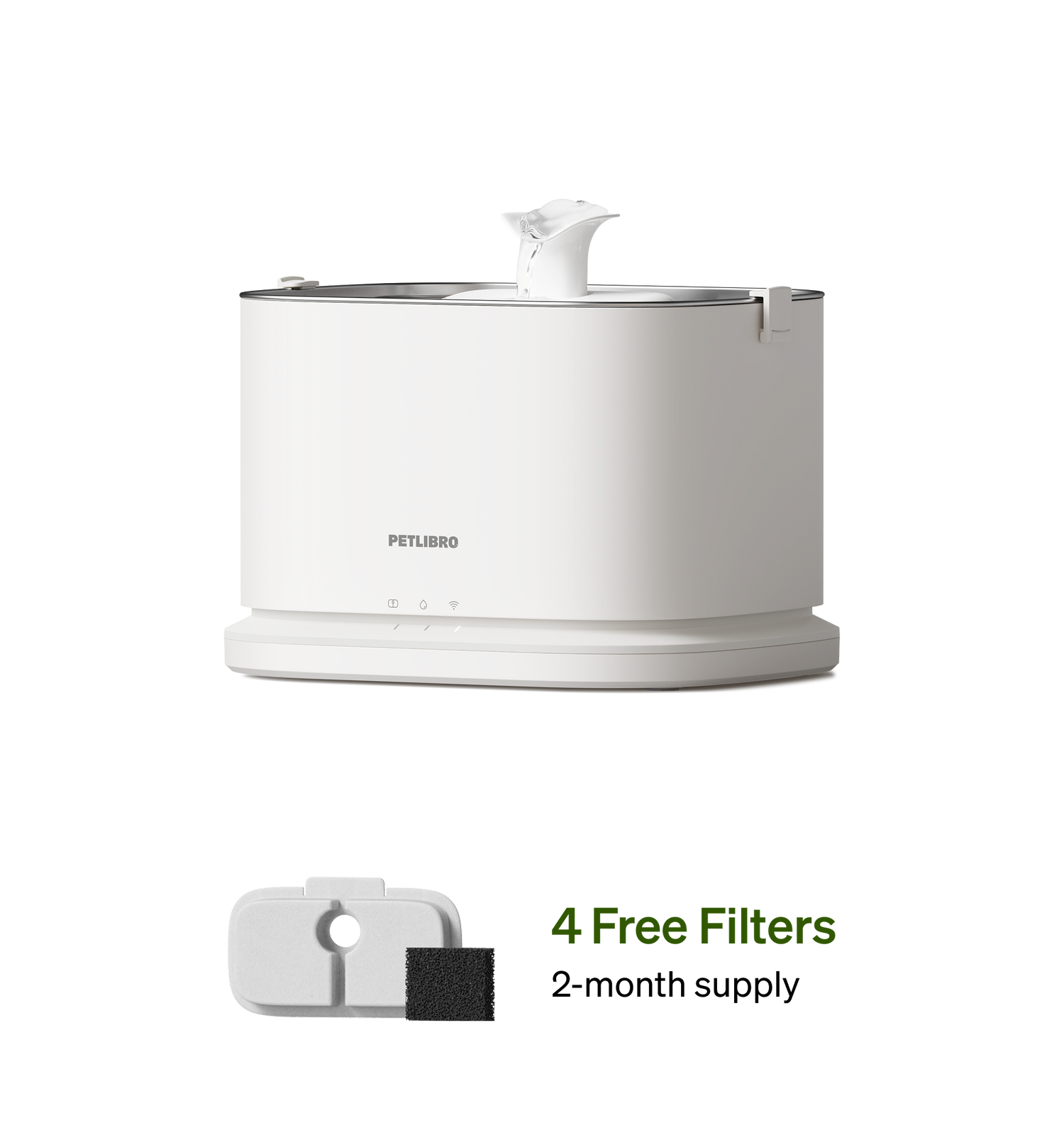 Petlibro PETLIBRO white cat pet fountain with flowing spout and 4 filters; mentions litter box and automatic feeder accessories