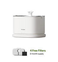 Petlibro PETLIBRO white cat pet fountain with flowing spout and 4 filters; mentions litter box and automatic feeder accessories