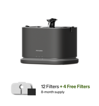 Petlibro PETLIBRO cat pet fountain in dark gray with flowing spout, plus 4 filters; mentions litter box and automatic feeder
