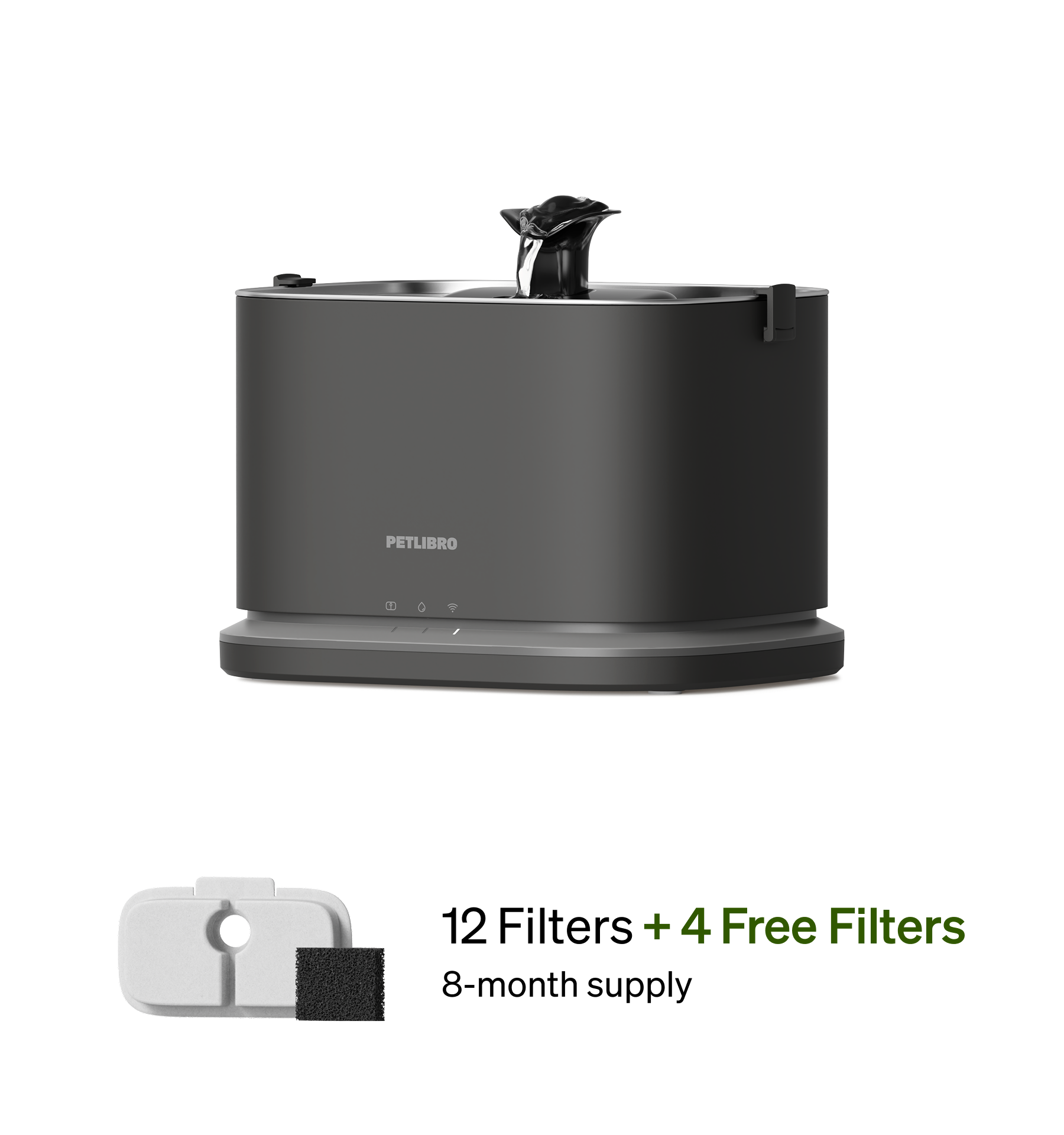Petlibro PETLIBRO cat pet fountain in dark gray with flowing spout, plus 4 filters; mentions litter box and automatic feeder
