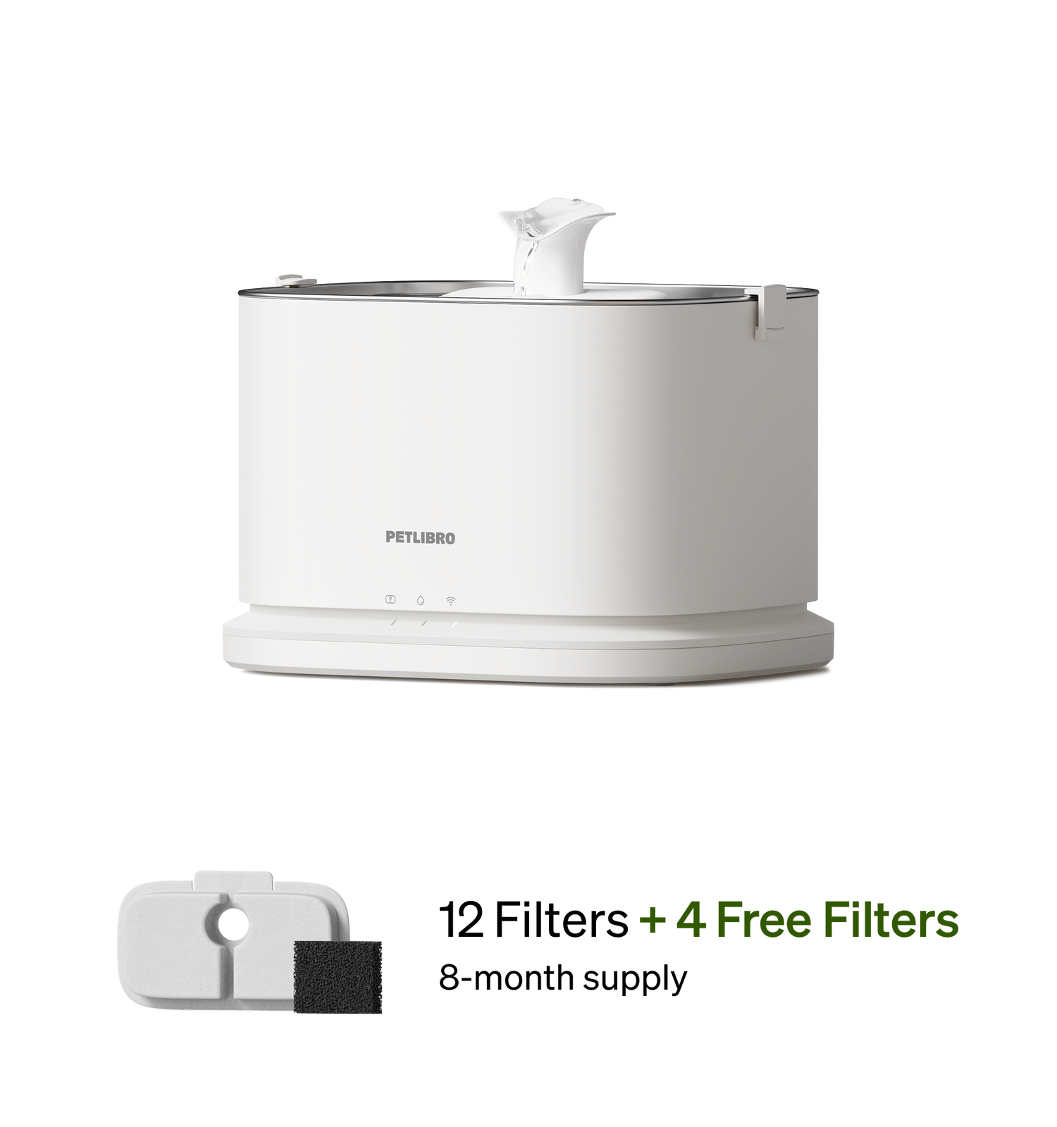 Petlibro PETLIBRO white cat pet fountain with flowing spout, plus 4 filters; mentions litter box and automatic feeder