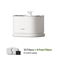 Petlibro PETLIBRO white cat pet fountain with flowing spout, plus 4 filters; mentions litter box and automatic feeder
