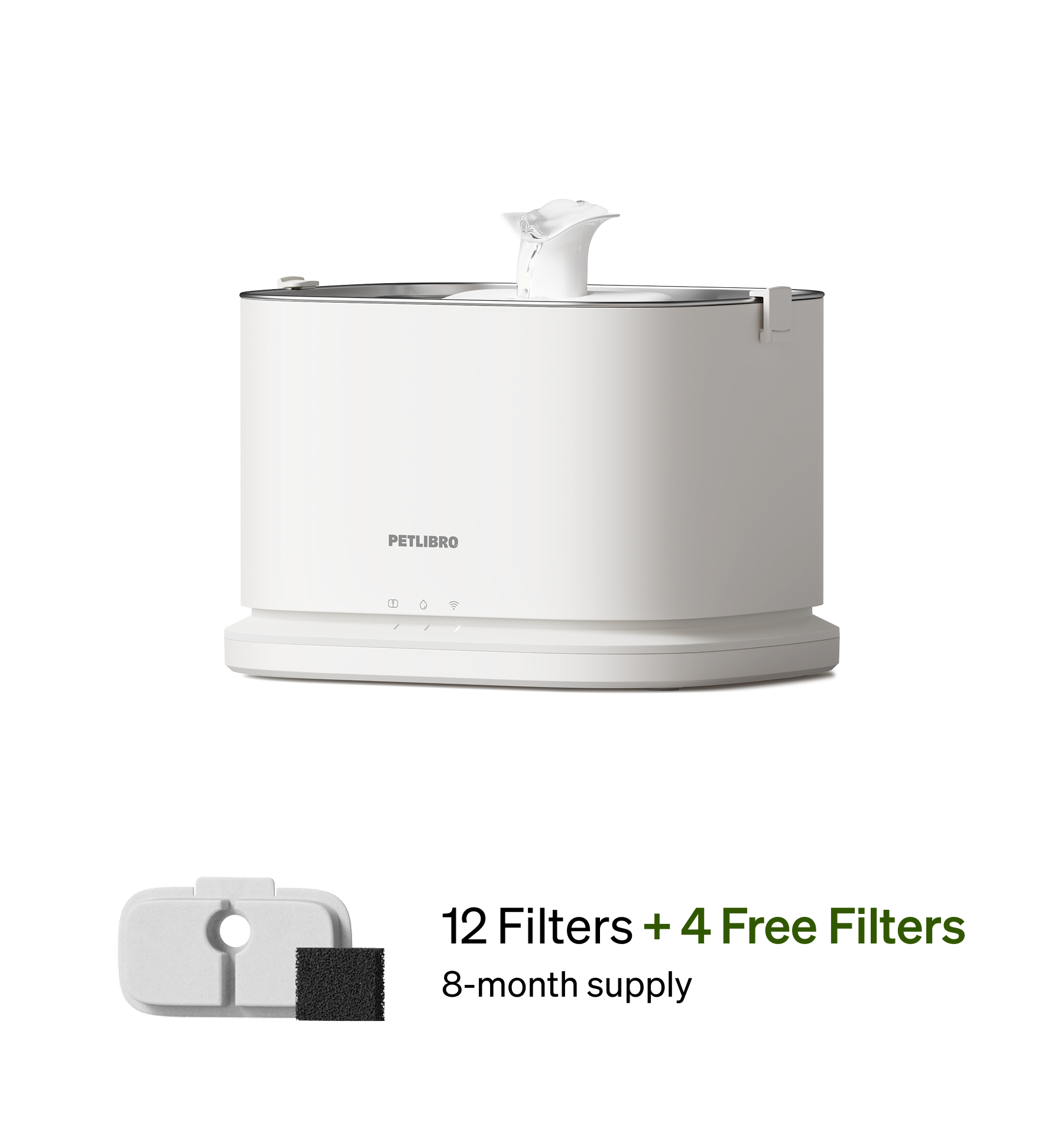 Petlibro PETLIBRO white cat pet fountain with flowing spout, plus 4 filters; mentions litter box and automatic feeder
