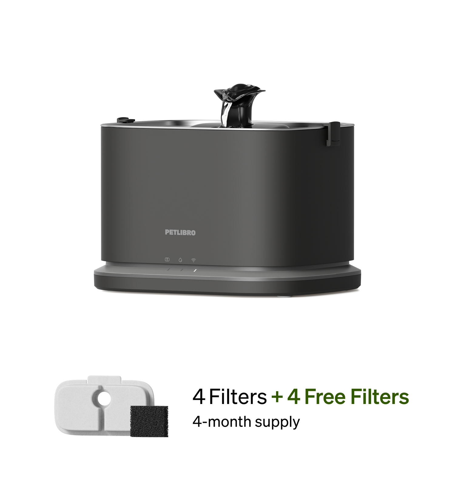 Petlibro PETLIBRO cat pet fountain in dark gray with flowing spout, plus 4 filters; mentions litter box automatic feeder
