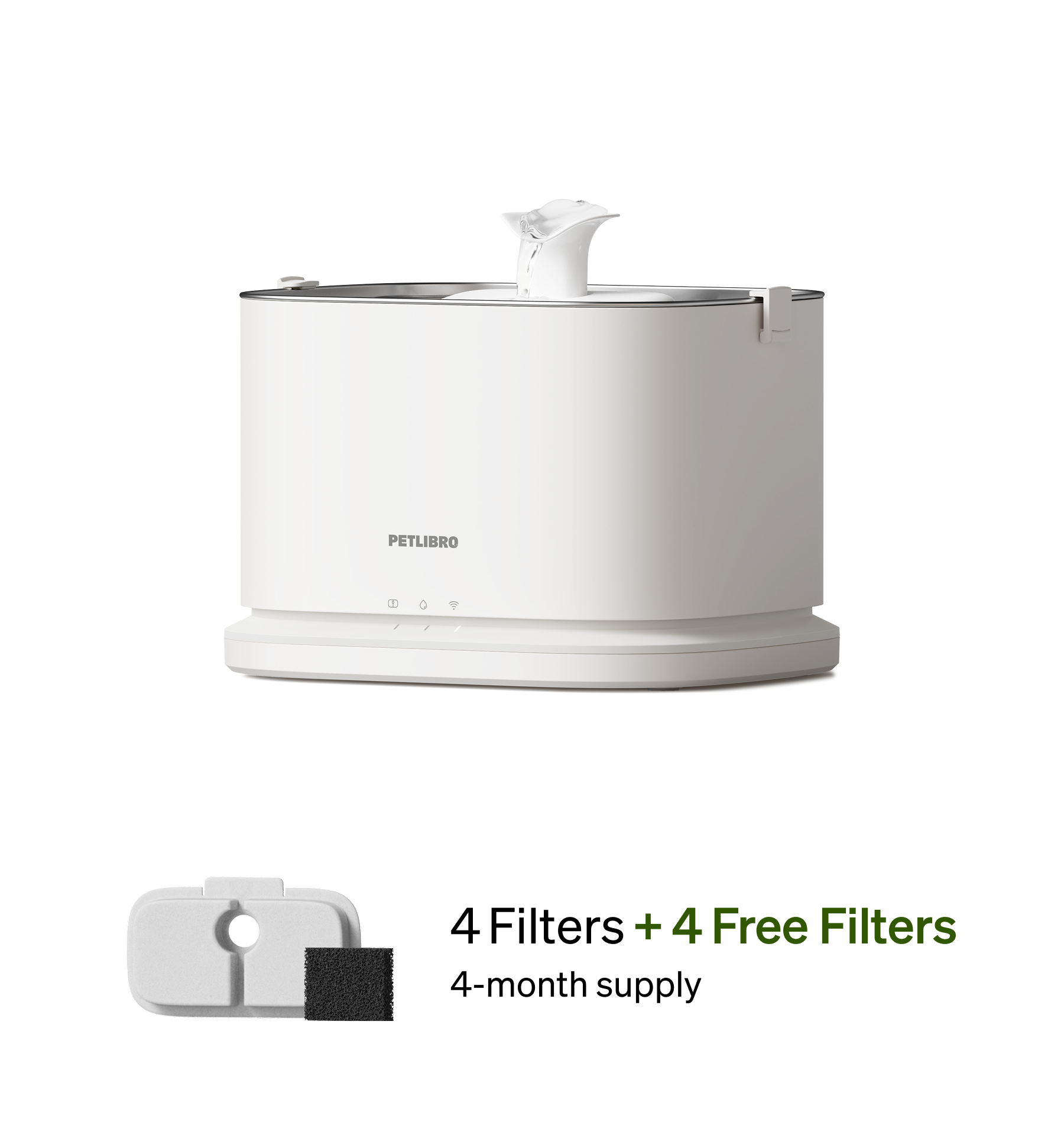 Petlibro PETLIBRO white cat pet fountain with flowing spout, plus 4 filters; mentions litter box and automatic feeder