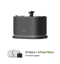 Petlibro PETLIBRO cat pet fountain in dark gray with flowing spout, plus 4 filters; mentions litter box and automatic feeder