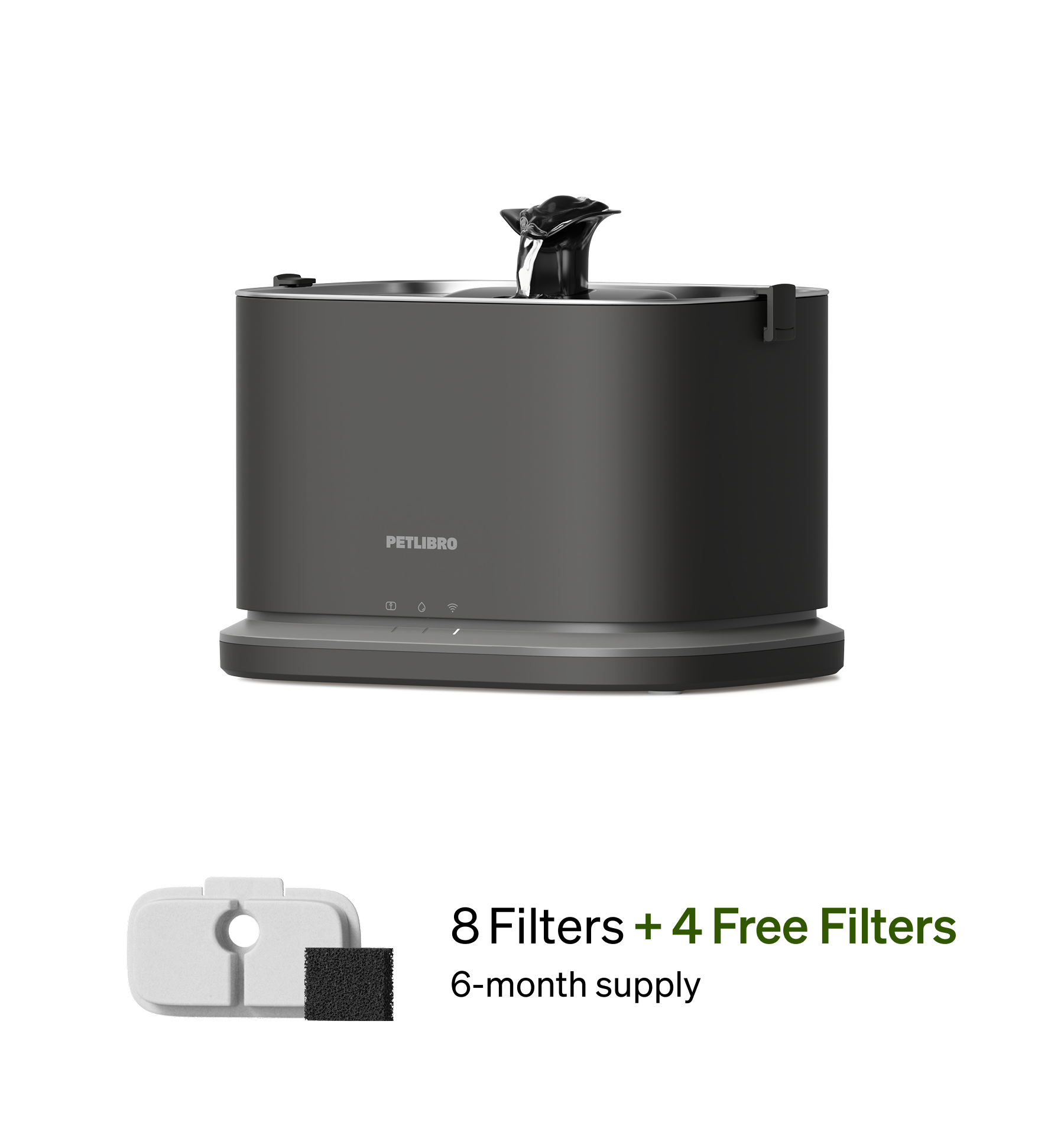 Petlibro PETLIBRO cat pet fountain in dark gray with flowing spout, plus 4 filters; mentions litter box and automatic feeder