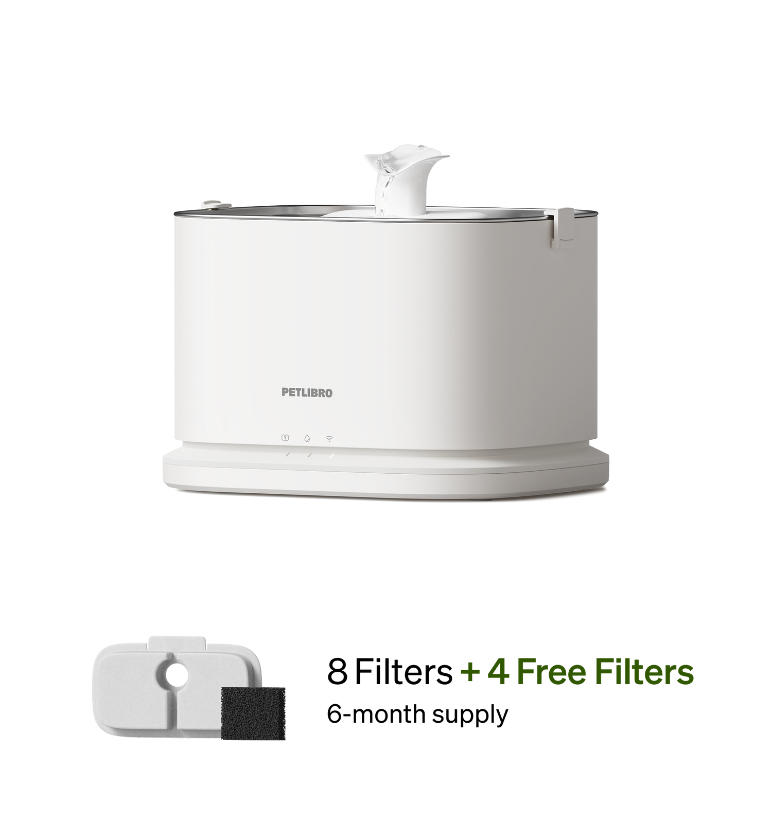Petlibro PETLIBRO white cat pet fountain with flowing spout, plus 4 filters; mentions litter box and automatic feeder compatibility