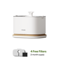 Petlibro PETLIBRO cat pet fountain with white body and wood base, shown with 4 free filters; mentions litter box automatic feeder