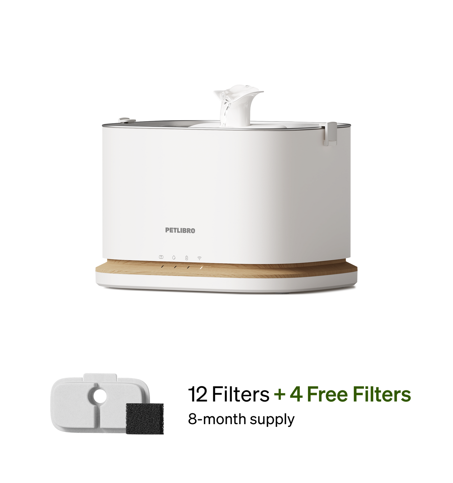 Petlibro PETLIBRO cat pet fountain, white with wood base and flowing spout; shows filters, mentions litter box automatic feeder