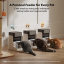 Petlibro automatic pet feeders in beige and brown with digital displays feeding three cats in a home setting