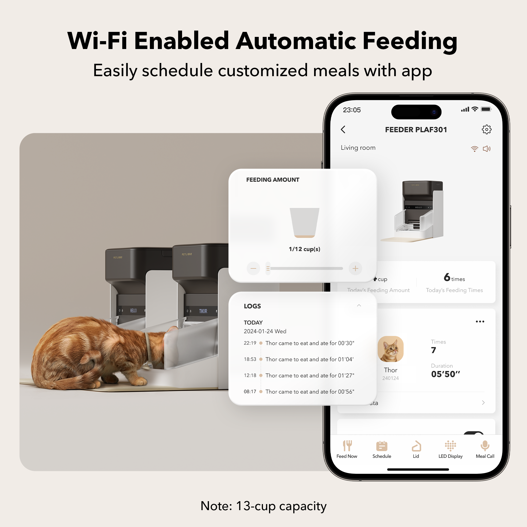 Petlibro Wi-Fi enabled automatic pet feeder in black and white with app interface for customized meal scheduling and feeding logs