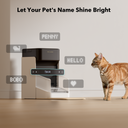 Petlibro automatic pet feeder in beige and black with customizable LED name display and a cat nearby