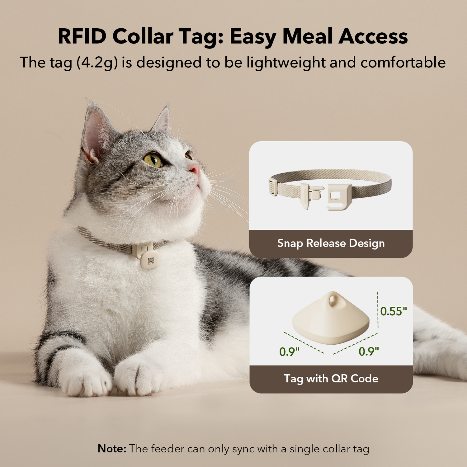 Petlibro lightweight beige RFID collar tag with snap release design and QR code for easy pet meal access