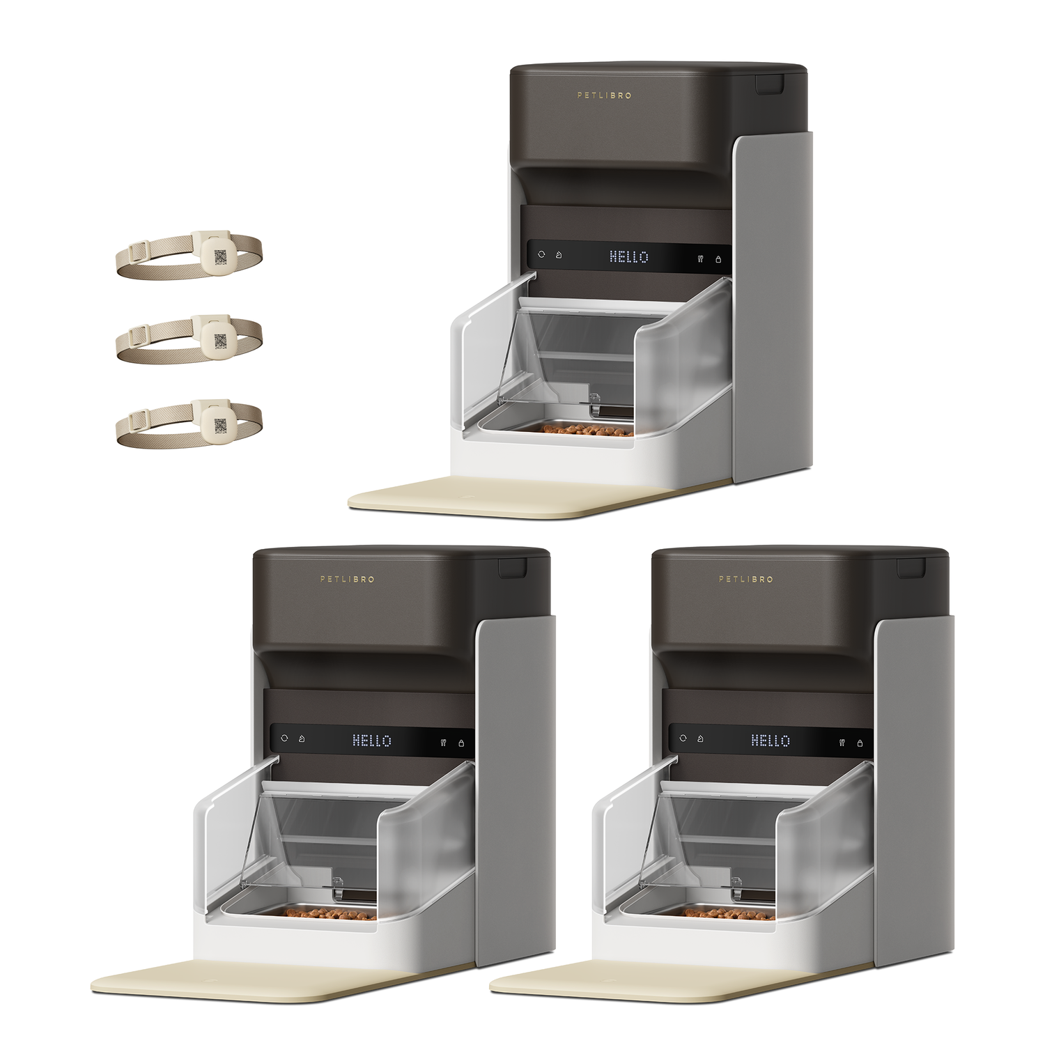 Petlibro automatic pet feeder in brown and gray with digital display and three beige adjustable pet collars